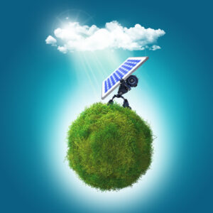 3D render of a grassy globe a robot holding a solar panel to the sunlight Blog Solar Energy Innovation Challenge by sunteur renewables