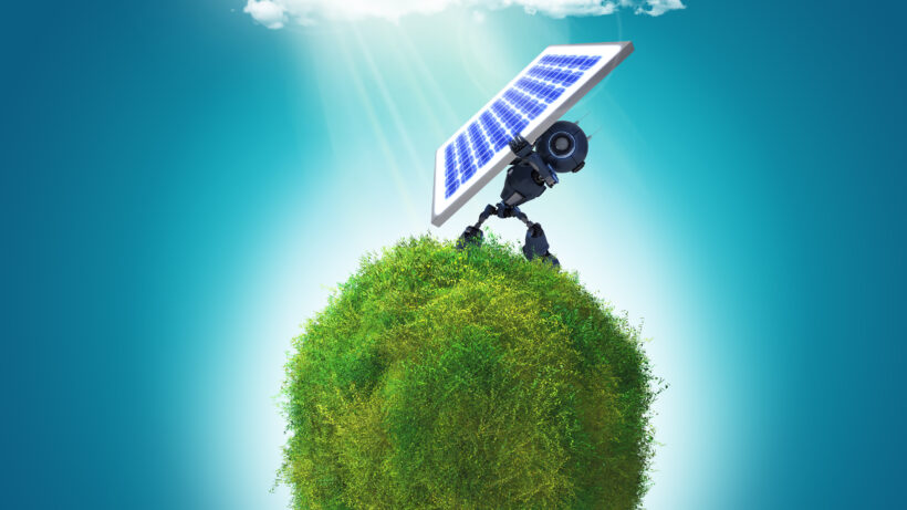 3D render of a grassy globe a robot holding a solar panel to the sunlight Blog Solar Energy Innovation Challenge by sunteur renewables